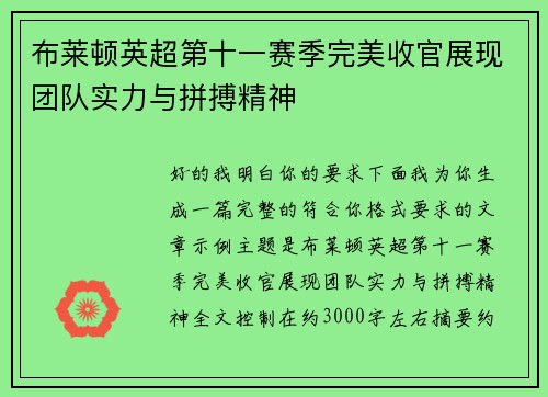 布莱顿英超第十一赛季完美收官展现团队实力与拼搏精神 布莱顿英超第十一赛季完美收官展现团队实力与拼搏精神